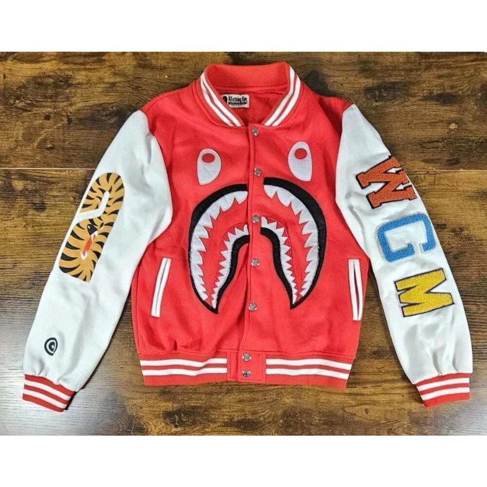 A BATHING APE SHARK WGM SNAP FRONT SWEAT VARSITY JACKET Sz Small Bape